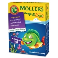 Mollers Omega-3 Rybki x36 żelowych rybek o smaku malinowym <span style="color: #b40000">+ ALFA i OMEGA rodzinna gra w pary GRATIS</span>
